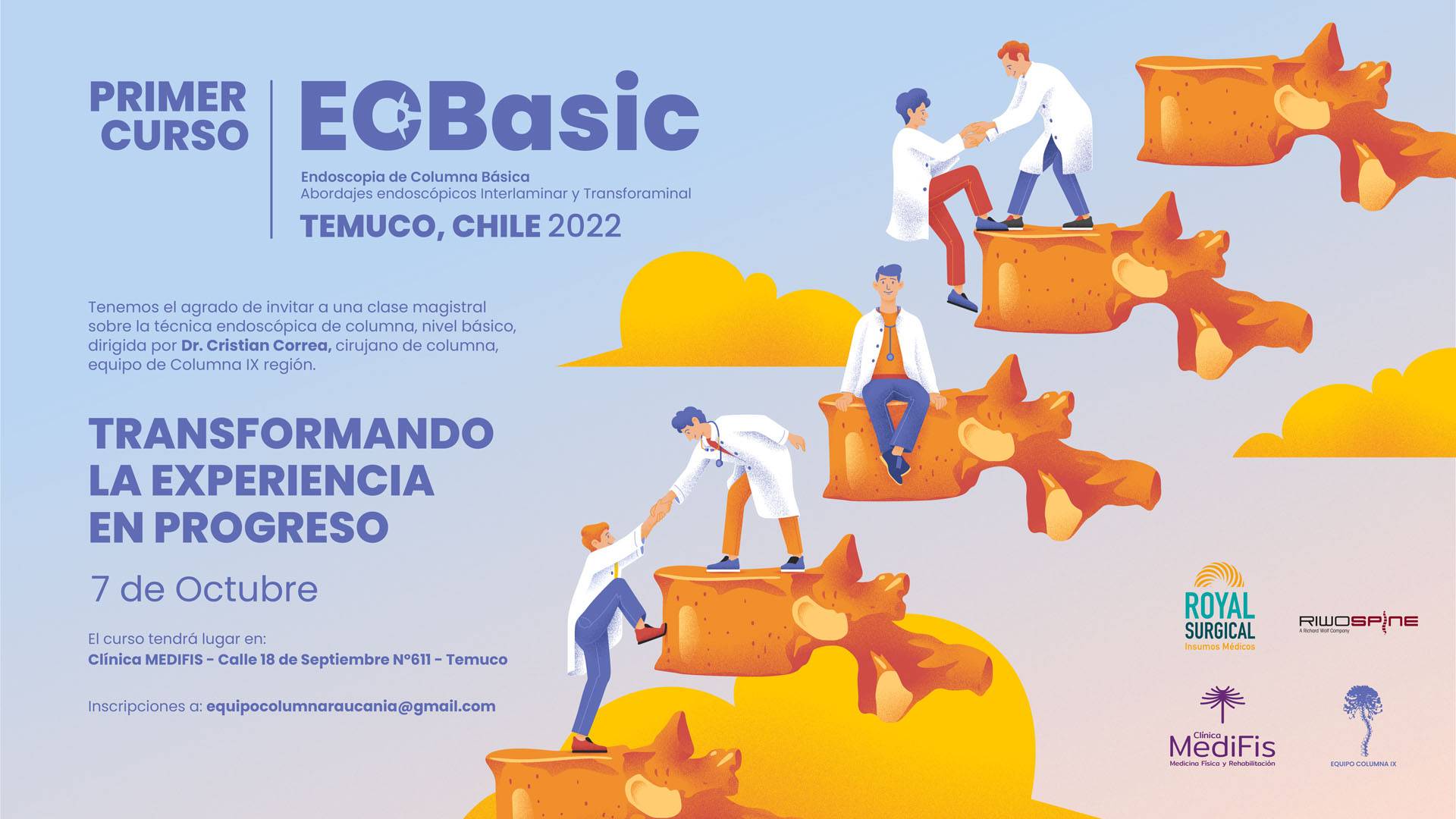 Concept, ilustración y Key Visual para Evento nacional Primer curso de Endoscopia de Columna Básica - Temuco, Chile 2022